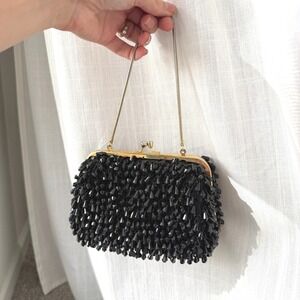 Vintage 60s Walborg Black Beaded Clutch Evening Bag Gold Chain Rhinestone Clasp